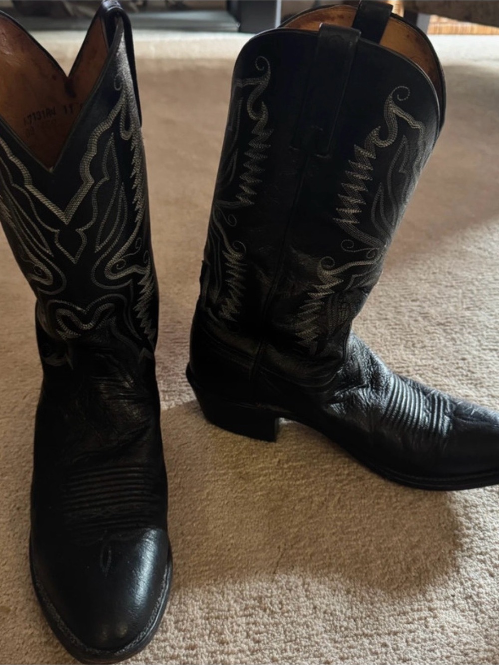 Lucchese 1883 Black Leather Men's Western Boots with Silver Embroidery 11.5